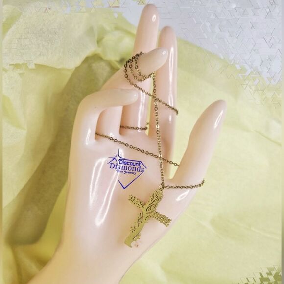 Choker Necklace 18K Bright Yellow Gold Cross Titanium on 925 Silver - Picture 1 of 9